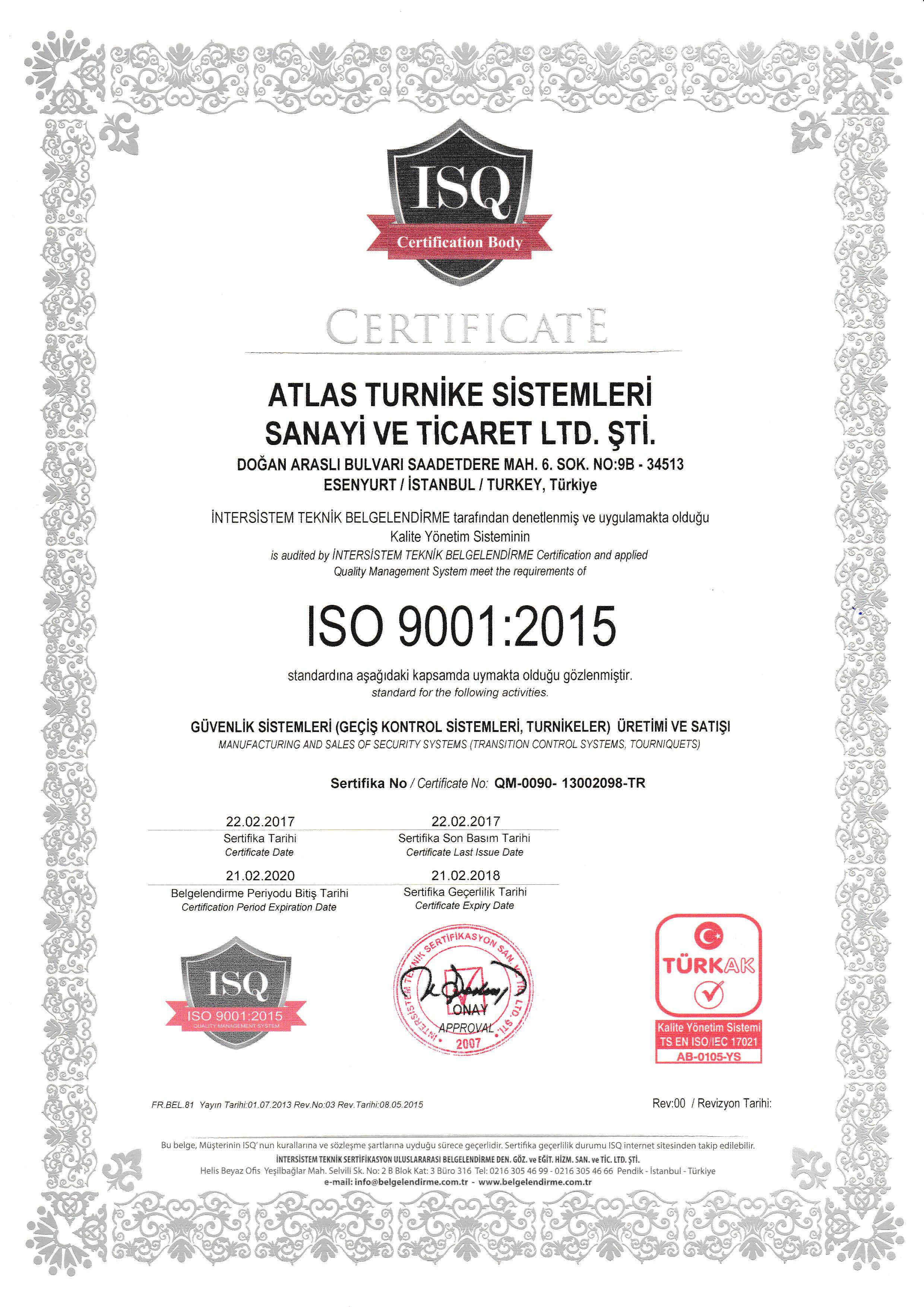 atlas turnike iso9001 2015 sertifikasi 2