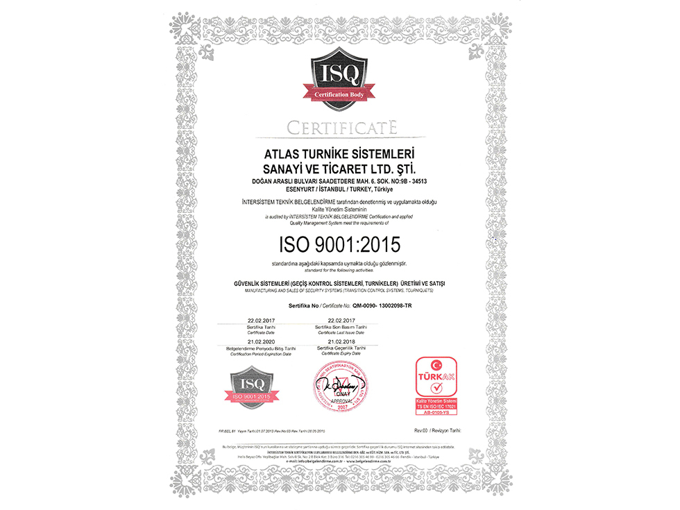 atlas turnike iso9001 2015 sertifikasi